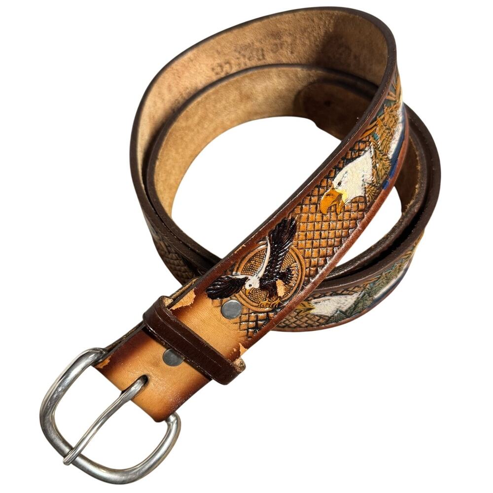 Brazos Joe Belt Co Eagle Sunset Tooled Leather Western Men Belt USA America 40